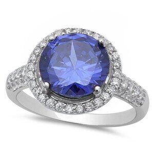 Tanzanite & White Topaz Halo Ring Size 9 925 Sterling Silver 3.84 Ct